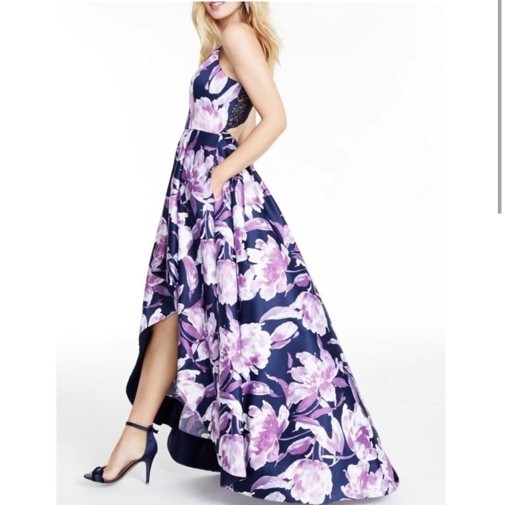NEW Speechless Lace Back Floral Print Hi Low Evening Dress Gown in Navy Multi